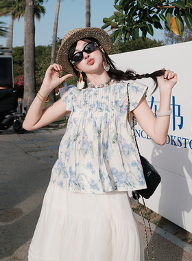 FUTURE BEATS 「天缈」碎花飞飞袖印花夏季气质捏褶圆领衬衫