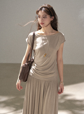 FUTURE BEATS 优雅气质斜肩多穿短袖针织上衣褶皱长款半裙套装女
