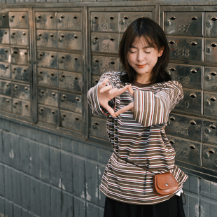 长袖 拼色条纹圆领打底衫 T恤 新款 FB古早宽松慵懒风秋季