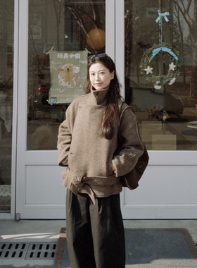 FB秋冬新品100%羊毛系带双排扣廓形短款毛呢羽绒大衣外套SZYY9586