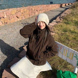 FB秋冬麂皮加厚防风夹克夹棉立领抽褶下摆棉服外套SZZY9583