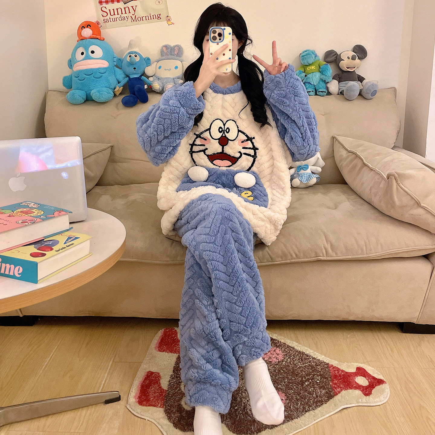 加绒加厚蓄热保暖女生睡衣两件套