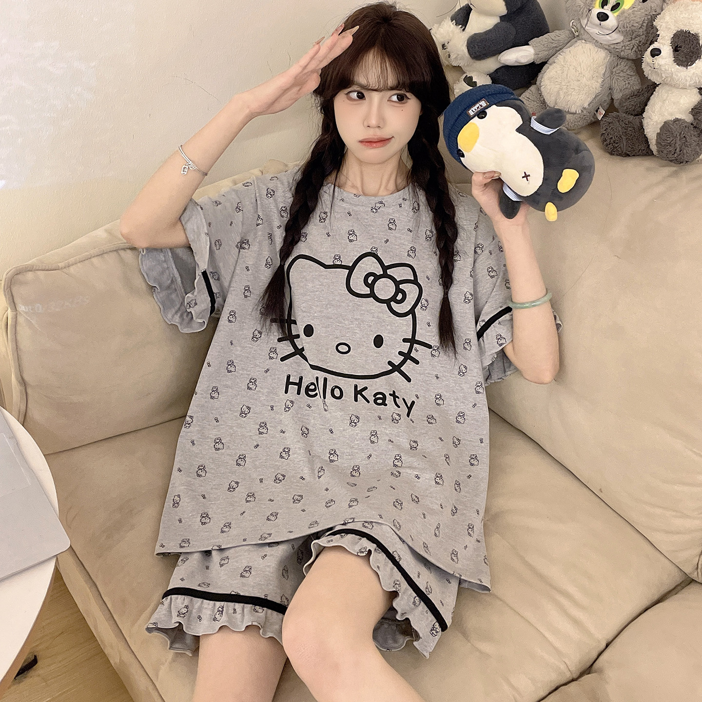女士睡衣纯棉夏季短袖薄款可爱hellokitty加大码学生少女款家居服