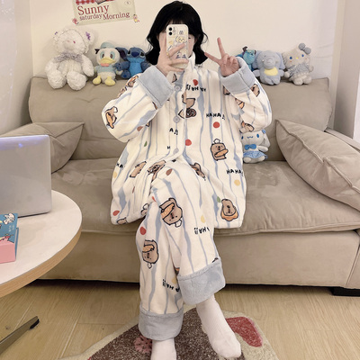 加绒加厚蓄热保暖女生睡衣家居服