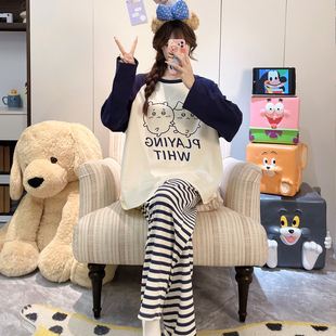 纯棉睡衣女款春秋季长袖初中学生少女加大码胖mm200斤家居服套装