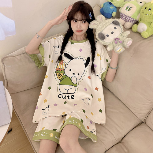 100%纯棉女生睡衣夏季短袖裤套装
