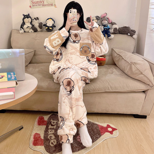 珊瑚绒睡衣女士秋冬款学生卡通加绒加厚大码胖mm冬季法兰绒家居服