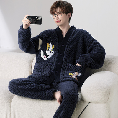 加绒加厚蓄热保暖男士睡衣家居服