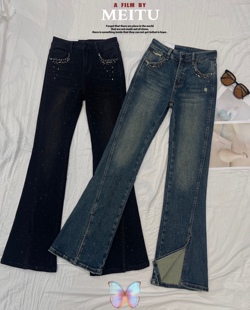 欧洲站兜兜水钻立体剪裁全身水钻满天星侧开叉微喇牛仔裤大长腿潮