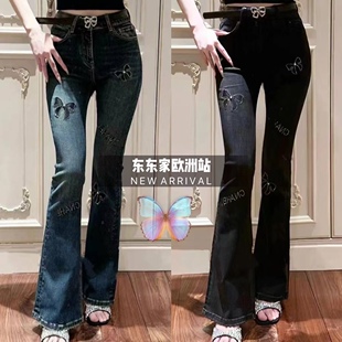 欧洲站秋季新款水钻包边蝴蝶字母弹力微喇牛仔长裤喇叭裤时髦显瘦