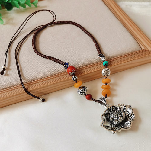 古典民族风复古仿古银莲花荷花吊坠珐琅彩项链长款毛衣链挂件女款