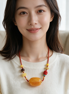 天然鸡油黄老蜜蜡锁骨链朱砂沉香文玩项链男女新中式国风桶珠配饰