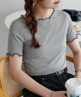 短袖23夏日单圆领木耳边羊毛混纺