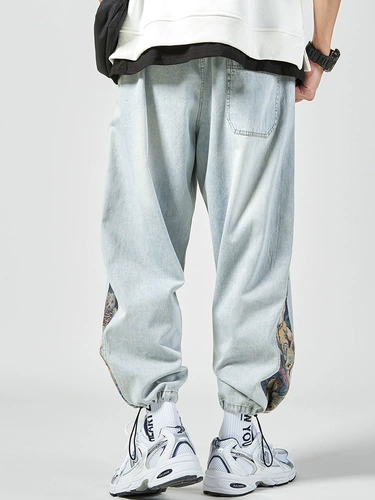 Ретро джинсы, мужские штаны, с вышивкой, с медвежатами