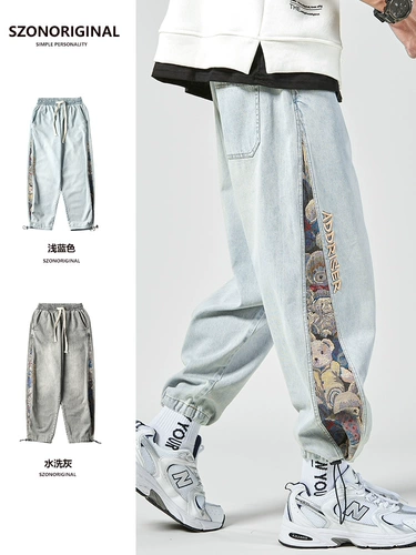 Ретро джинсы, мужские штаны, с вышивкой, с медвежатами