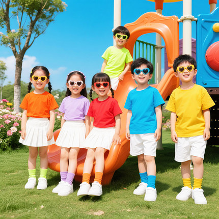 六一表演出服糖果彩色幼儿园小学生毕业班服儿童t恤短袖亲子套装
