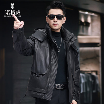 可脱卸连帽真皮羽绒服男头层牛皮宽松加绒夹克外套海宁加厚皮衣冬
