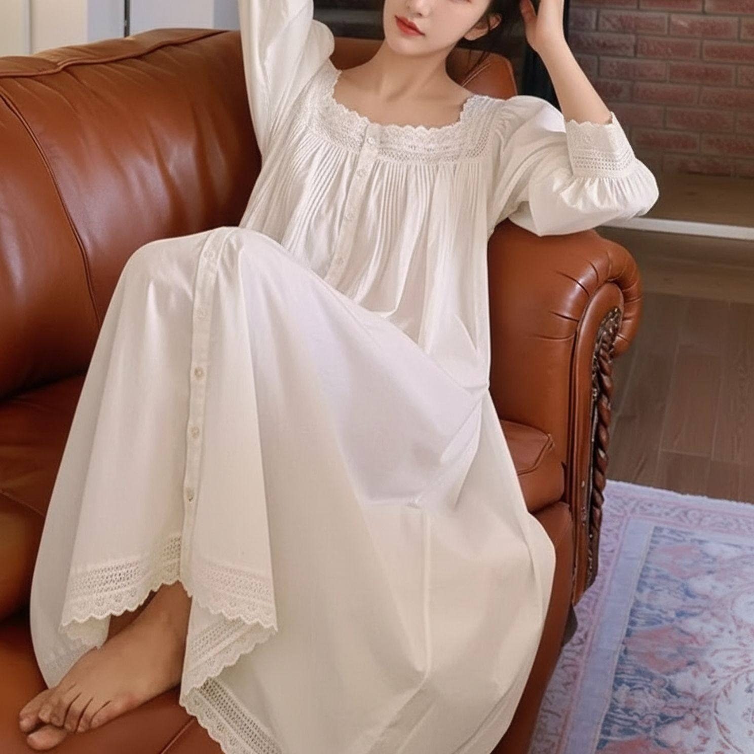 法式纯棉睡裙女长袖甜美公主风宫廷复古长款到脚踝家居服春季新款