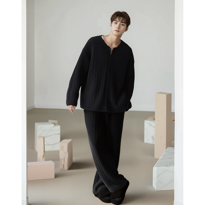简约圆领睡衣套装男款宽松大码珊瑚绒加绒加厚保暖宽松秋冬可外穿