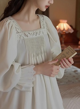 法式复古宫廷风睡衣女过膝脚踝可外穿睡裙纯棉宽松公主风晨袍春秋