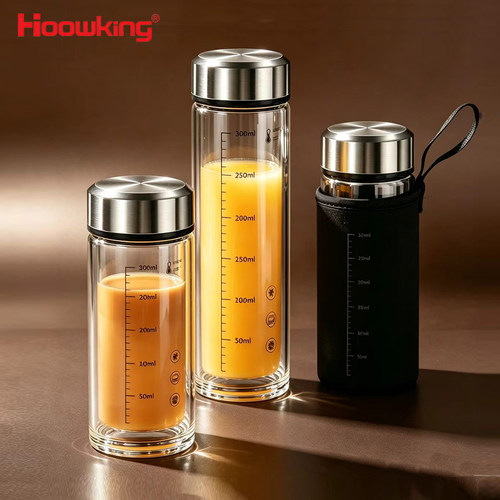 牛奶杯双层玻璃家用带盖刻度杯