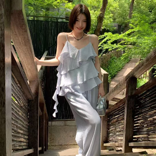 松弛感吊带天丝荷叶层吊带套装女夏装搭配拖地长阔腿裤两件套洋气