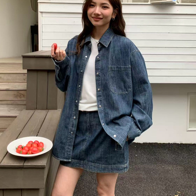 春季牛仔衬衫短裙两件套显瘦