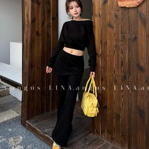一字领短款长袖上衣显瘦高腰裤裙微喇裤两件套2025春季女洋气套装