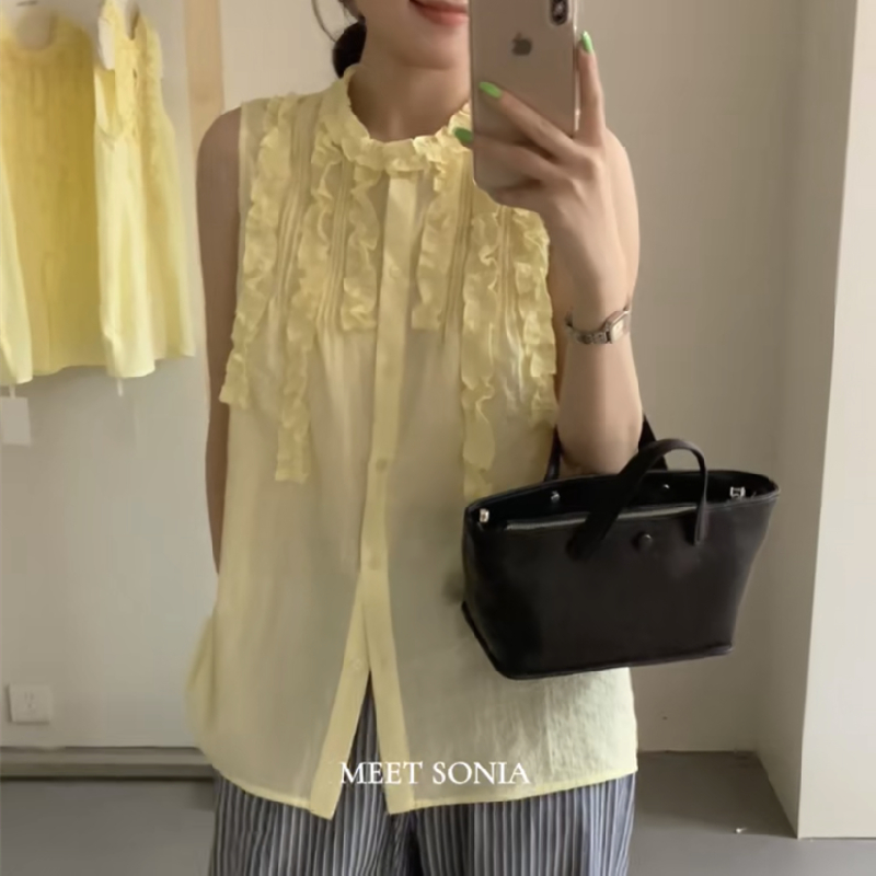小清新减龄木耳边压褶无袖衬衫背心度假风外穿上衣独特韩版夏款潮