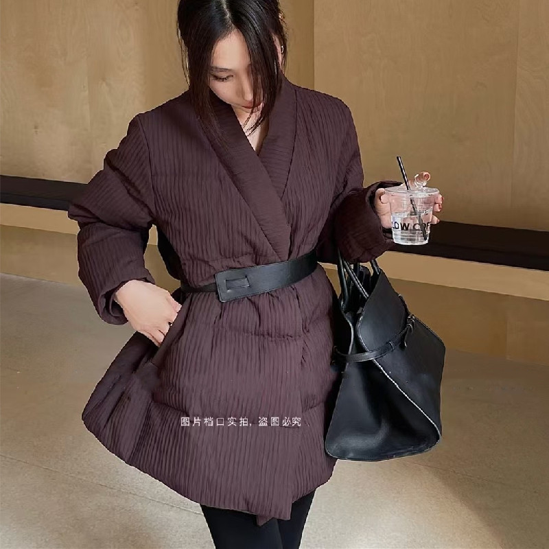 韩系V领羽绒服中长外套款2025女冬季新款轻国风简约腰封保暧外套
