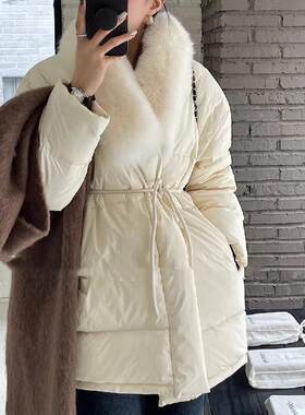 狐狸毛V领系带羽绒服外套2026冬