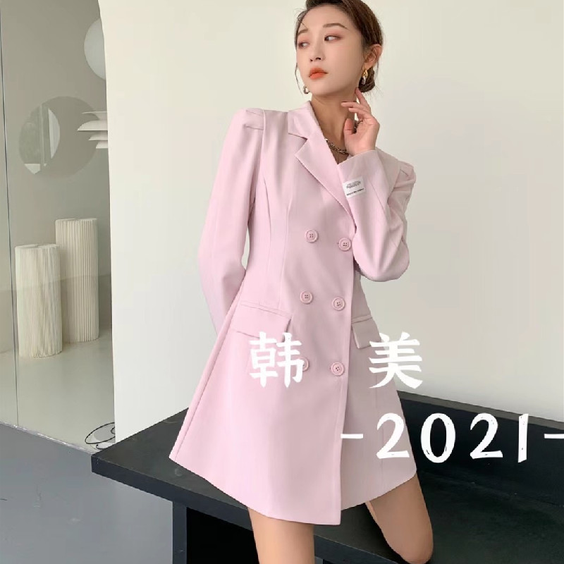 韩美2023春装新款女装泡泡袖西装连衣裙OL气质收腰显瘦长袖裙子-封面