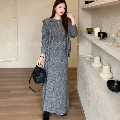 圆领长袖针织衫披肩半身裙三件套