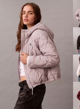 索罗娜科技面料！正品Calvin Klein/CK女25老钱菱格连帽棉服外套