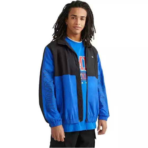 American Style! Authentic Tommy Hilfiger Tommy Black and Blue Color-Blocked Lapel Waterproof Sports Windbreaker Jacket