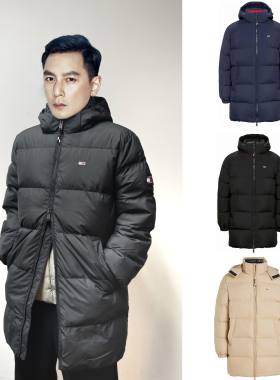 近400g！汤米Tommy 徽标中长男女款可拆卸连帽拉链长袖鸭绒羽绒服