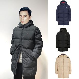 近400g！汤米Tommy 徽标中长男女款可拆卸连帽拉链长袖鸭绒羽绒服