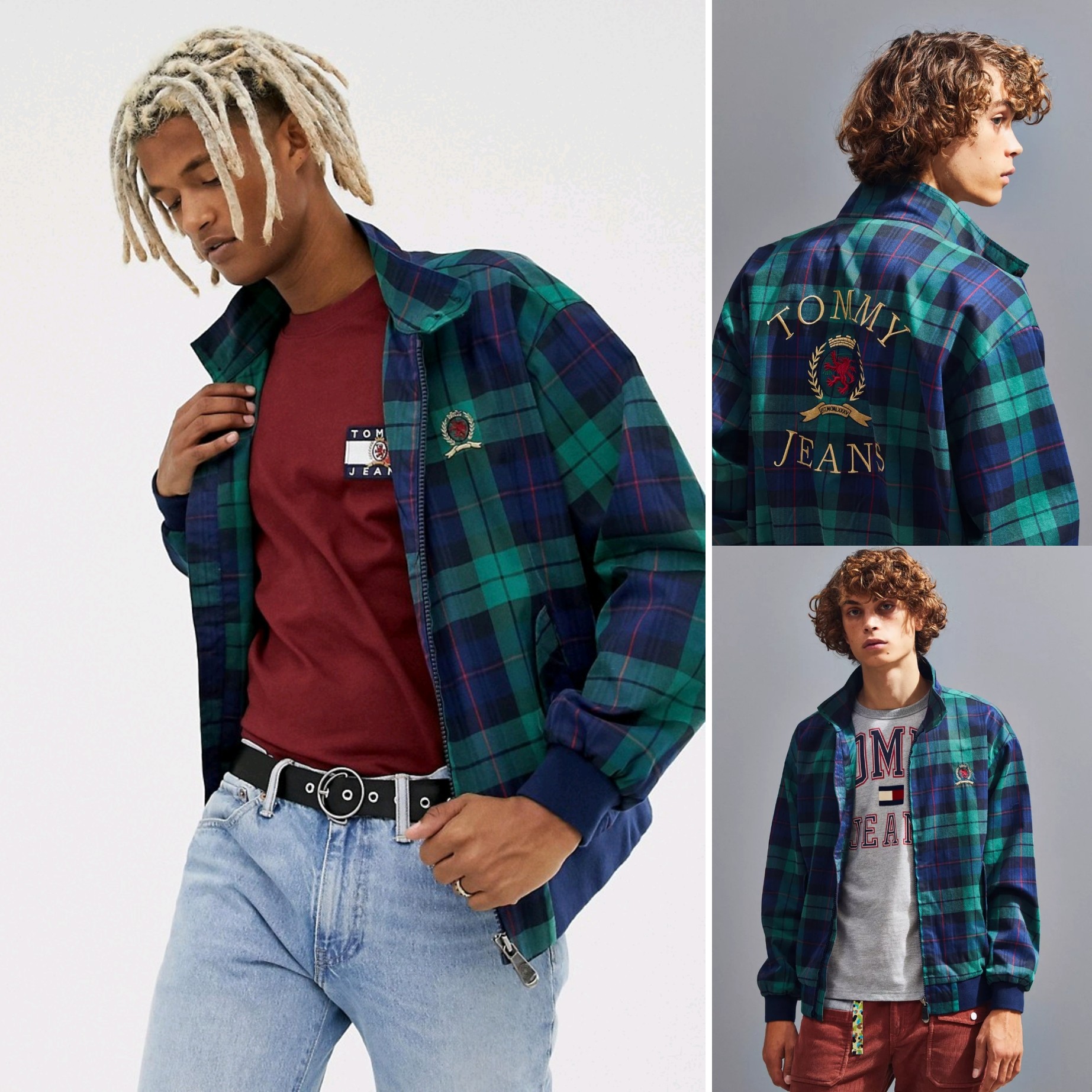 中古风 有钱难买!正品TOMMY汤米刺绣徽章格子纹惠灵顿立领扣夹克