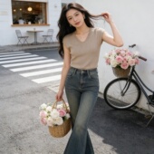 显瘦百搭温柔毛衣上衣优质亲肤 女修身 轻熟简约风V领短袖 针织衫