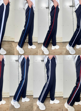 冬季加绒加厚深蓝色色校服裤小学初高中运动宽松长裤子红白双红杠