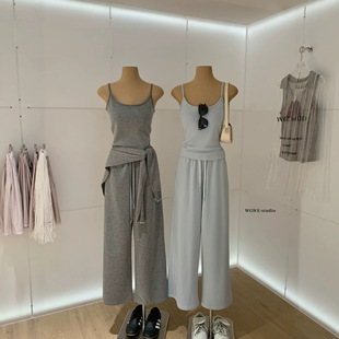 WGWE夏季韩系简约慵懒风吊带背心+抽绳阔腿休闲裤两件套装女W9863