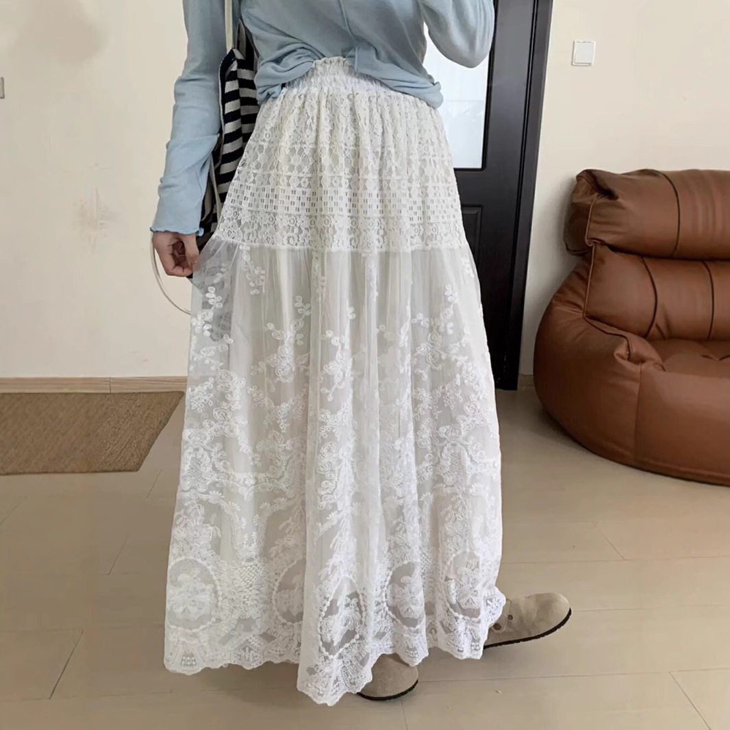 松弛感蕾丝薄款显瘦慵懒风A型复古设计感白色半身裙子女2025夏季