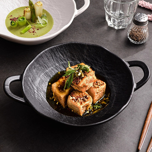 创意新款双耳浅碗极简风西餐碗海鲜装碗水果沙拉碗炒饭碗意面碗