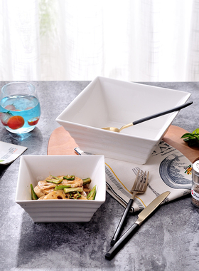 创意陶瓷法式纯白色四方碗 意面碗 西式水果沙拉碗大汤碗家用餐具