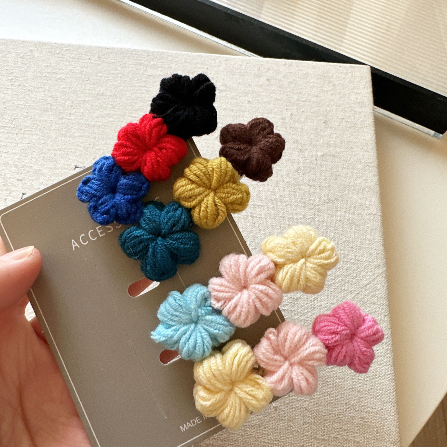 韩系手钩毛线糖果色花朵发夹刘海夹碎发边夹甜美少女侧边夹发卡子