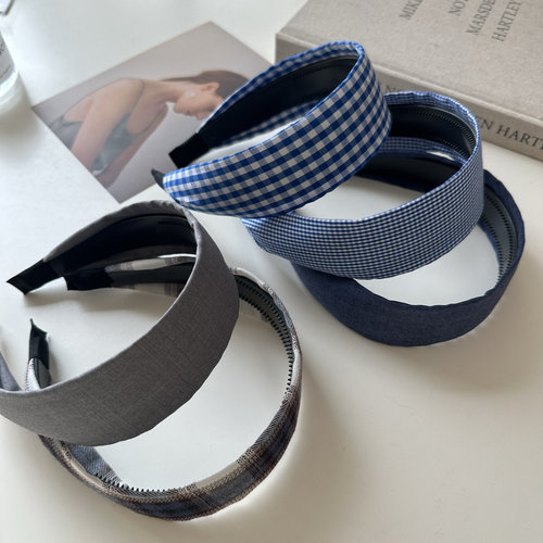 韩系蓝色格子牛仔宽边发箍时尚百搭显脸小头箍发卡春夏新款发饰品