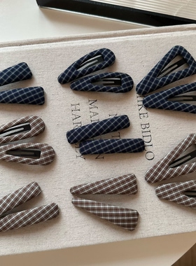 韩国同款手做布艺咖色藏蓝色格子发夹刘海夹碎发边夹好看侧边夹子