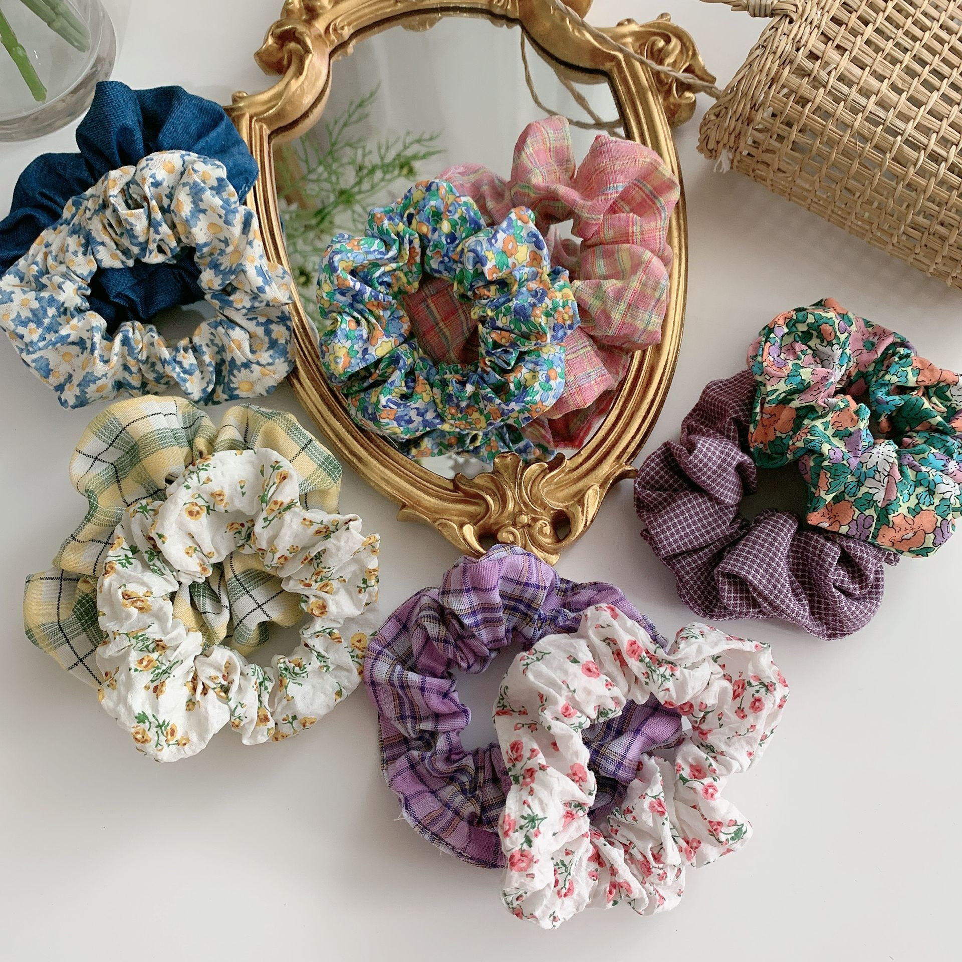 2个包邮 bm少女碎花格子发圈法式大肠圈复古百搭布艺发绳网红发饰