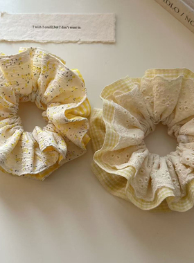 韩版小众设计蕾丝双层黄色格子小花发圈新款丸子头发绳高级感头绳