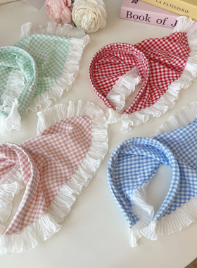 懒人发箍蓝色格子蕾丝三角头巾女包头田园风发带高级感海边氛围感